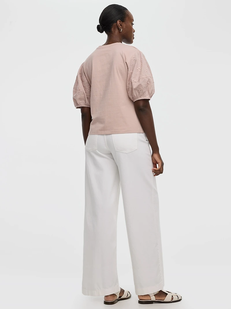 Crew-Neck Mix-Media Top with Short Puffy Sleeves