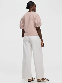 Crew-Neck Mix-Media Top with Short Puffy Sleeves