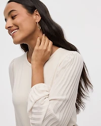 Pleated-Long-Sleeve Boat-Neck Mix-Media Top