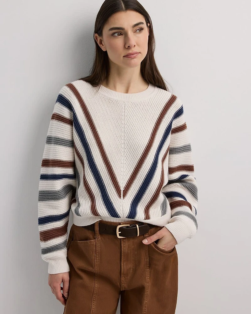 Striped Long-Dolman-Sleeve Crew-Neck Pullover
