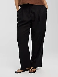 Pantalon en mélange de lin à jambe droite et taille haute