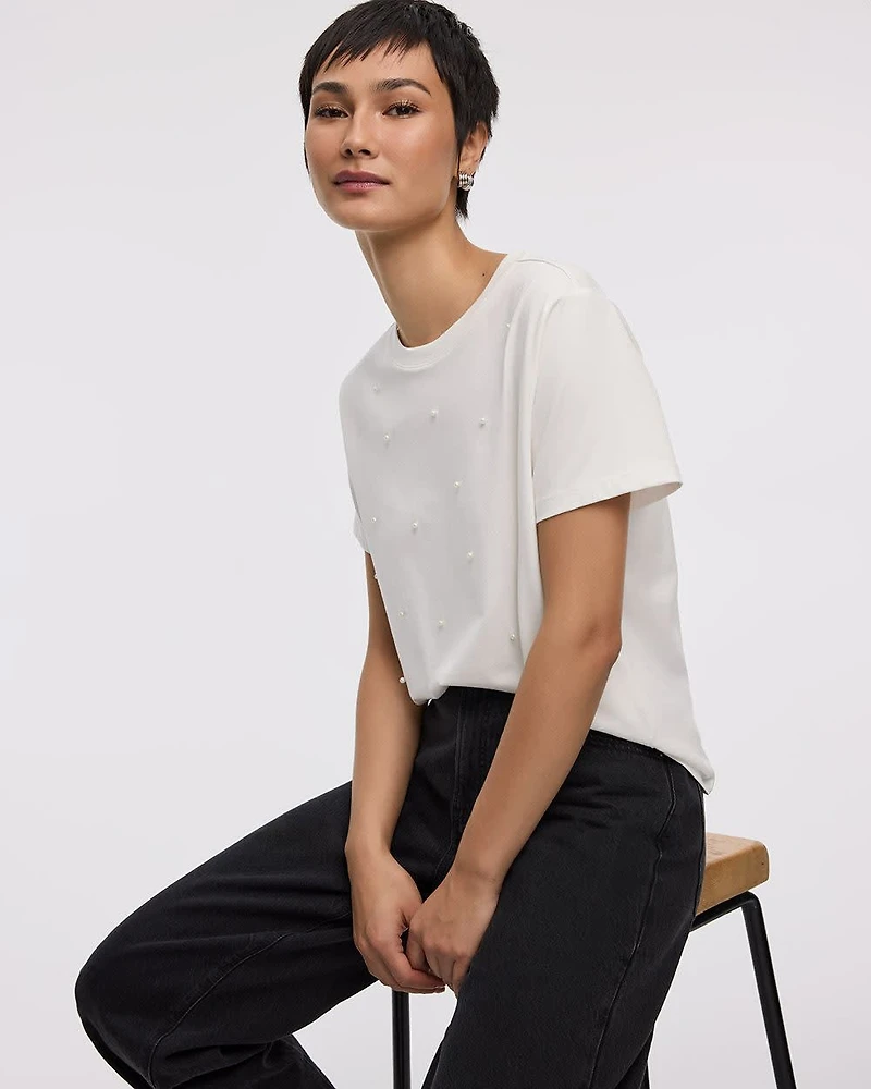 T-shirt à manches courtes et col rond avec strass