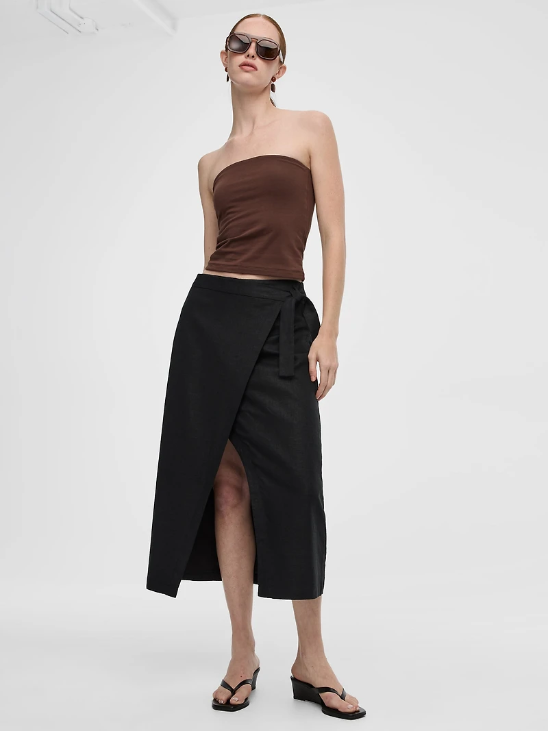 Linen-Blend Wrap Maxi Skirt