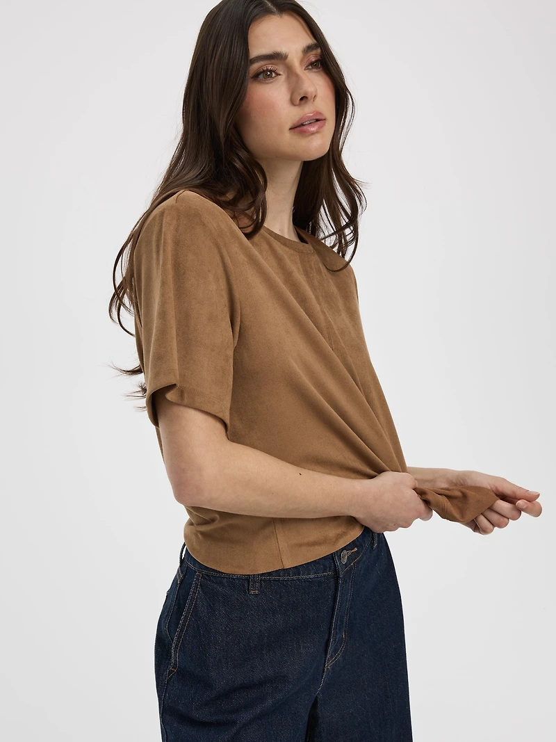 T-shirt à col rond en faux suède