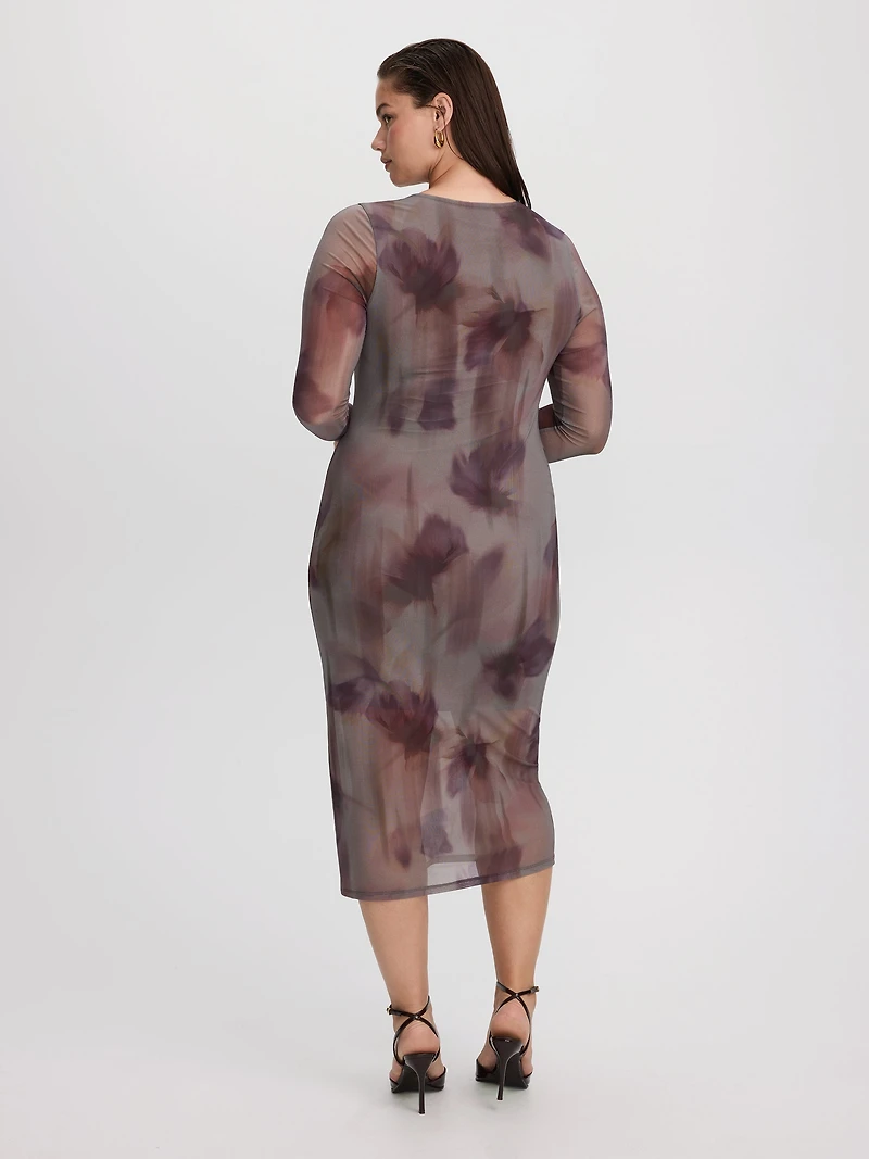 Long-Sleeve Mesh Midi Dress with Side Shirrings