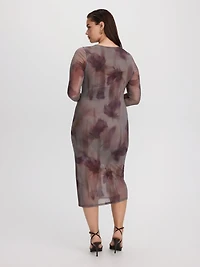 Long-Sleeve Mesh Midi Dress with Side Shirrings