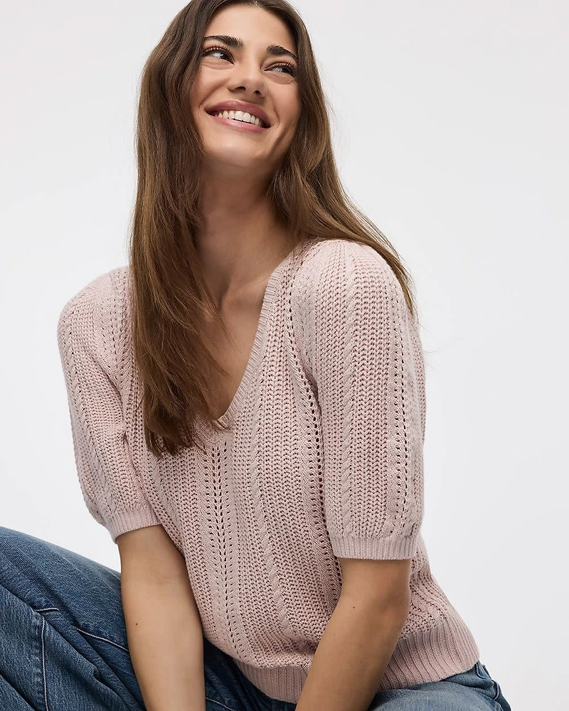 Puffy-Elbow-Sleeve V-Neck Sweater