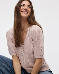Puffy-Elbow-Sleeve V-Neck Sweater