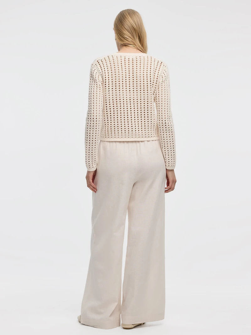 Cardigan à manches longues et col rond en mailles ajourées