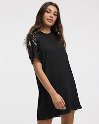 Crew-Neck Shift Dress with Sequin Short Sleeves