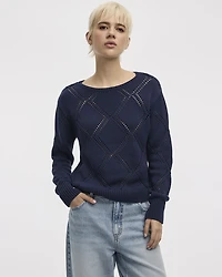 Long-Sleeve Boat-Neck Pullover with Open-Stitch Pattern