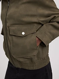 Faux Suede Bomber Jacket with Leather Collar