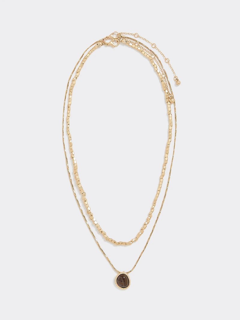 Double-Chain Short Necklace with Tiger-Eye Pendant