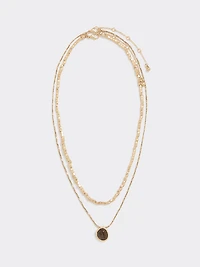 Double-Chain Short Necklace with Tiger-Eye Pendant