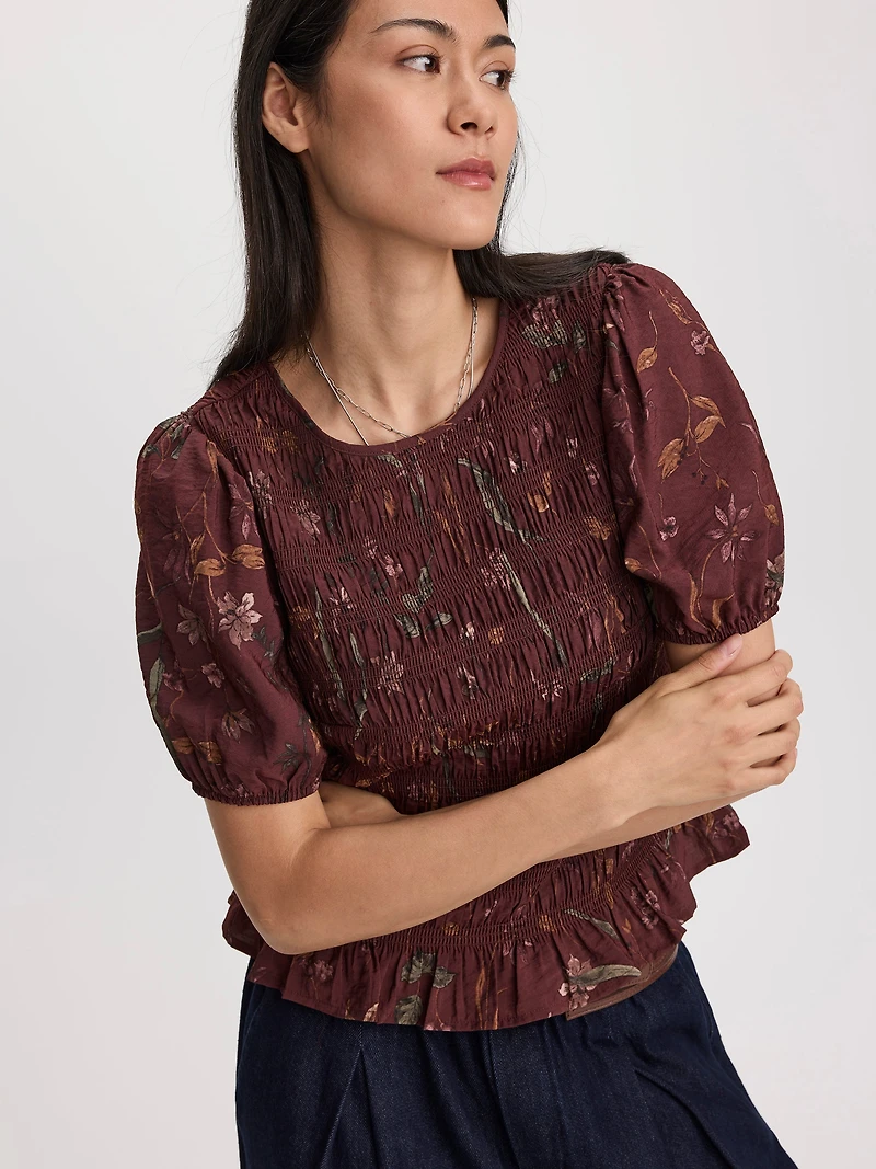 Blouse en nid d'abeille à manches courtes bouffantes