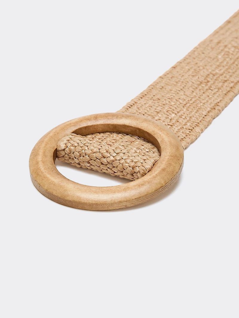 Elastic Straw Belt with Round Wooden Buckle