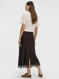 Satin A-Line Midi Skirt with Lace Trim