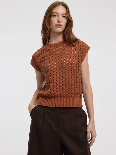 Pull à manches très courtes et col rond en mailles ajourées