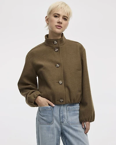 Faux-Wool Buttoned-Down Bomber Jacket