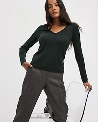 Long-Sleeve V-Neck Pullover with Wide Ribs