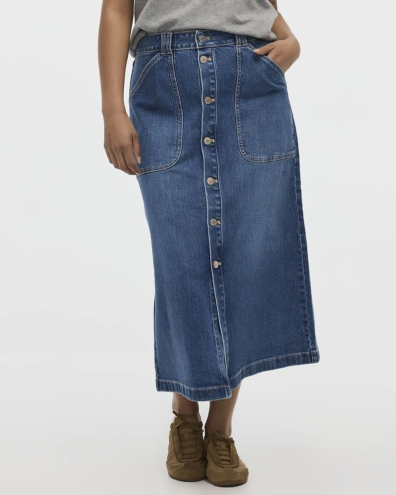 Midi A-Line Buttoned-Down Denim Skirt