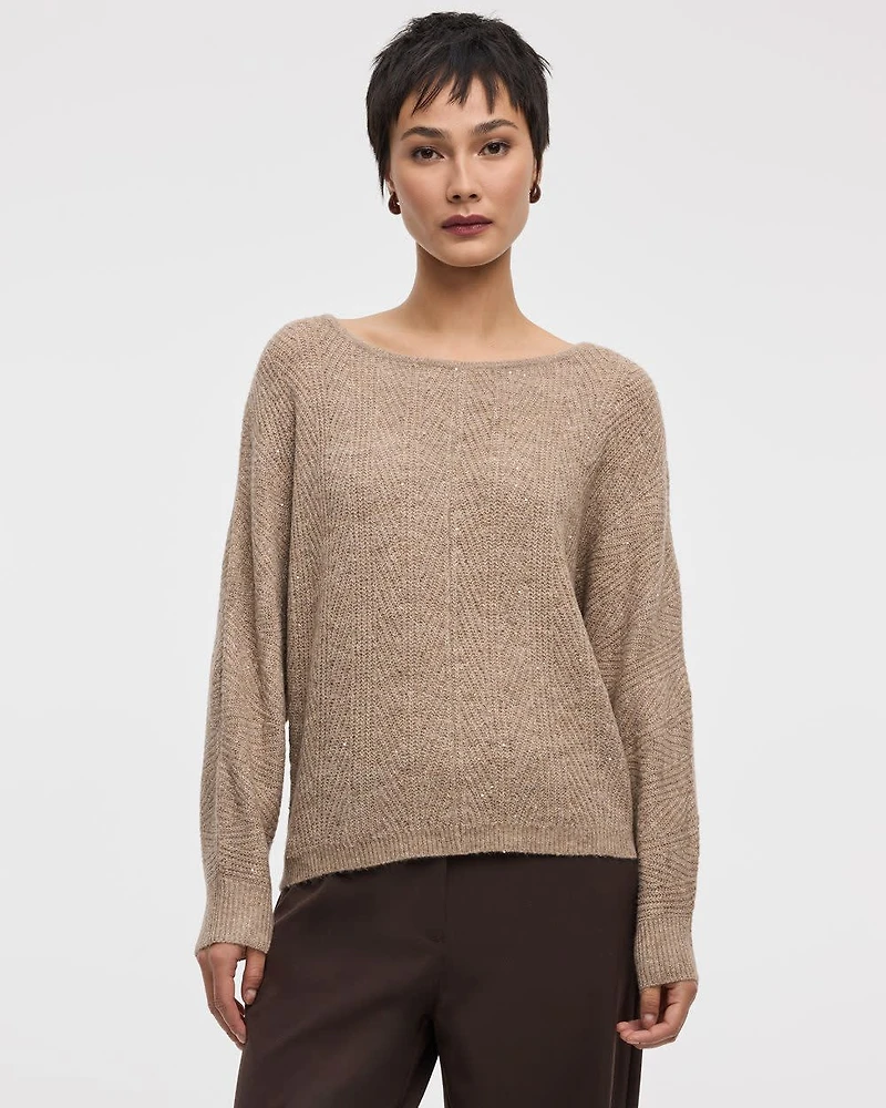 Long-Sleeve Boat-Neck Boxy Sweater with All-Over Sequins