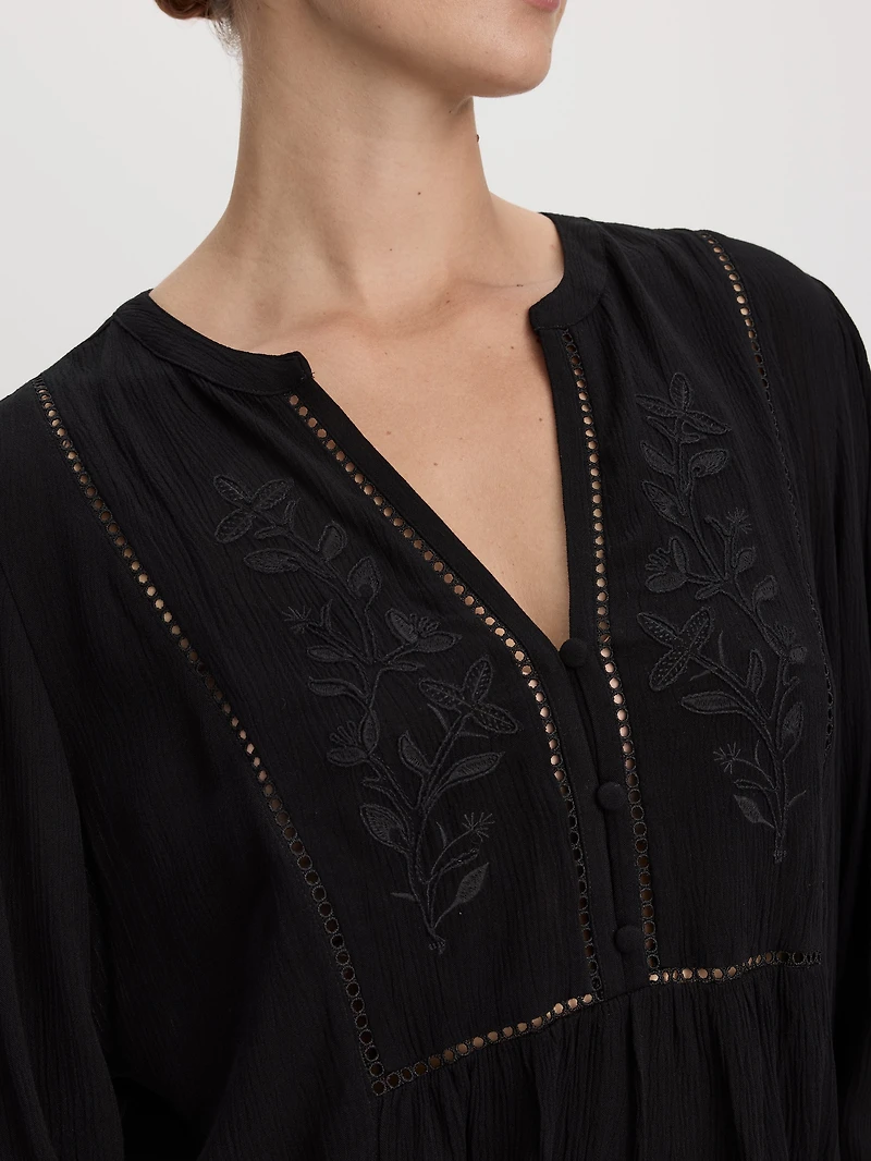 Long-Sleeve Split-Neck Blouse with Embroideries