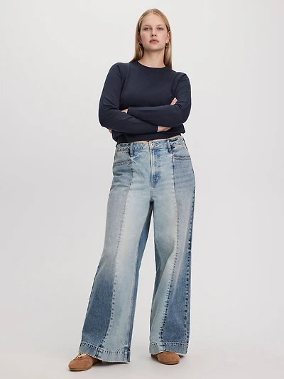 Jean à jambe large et taille haute élastique - Coupe Courbes