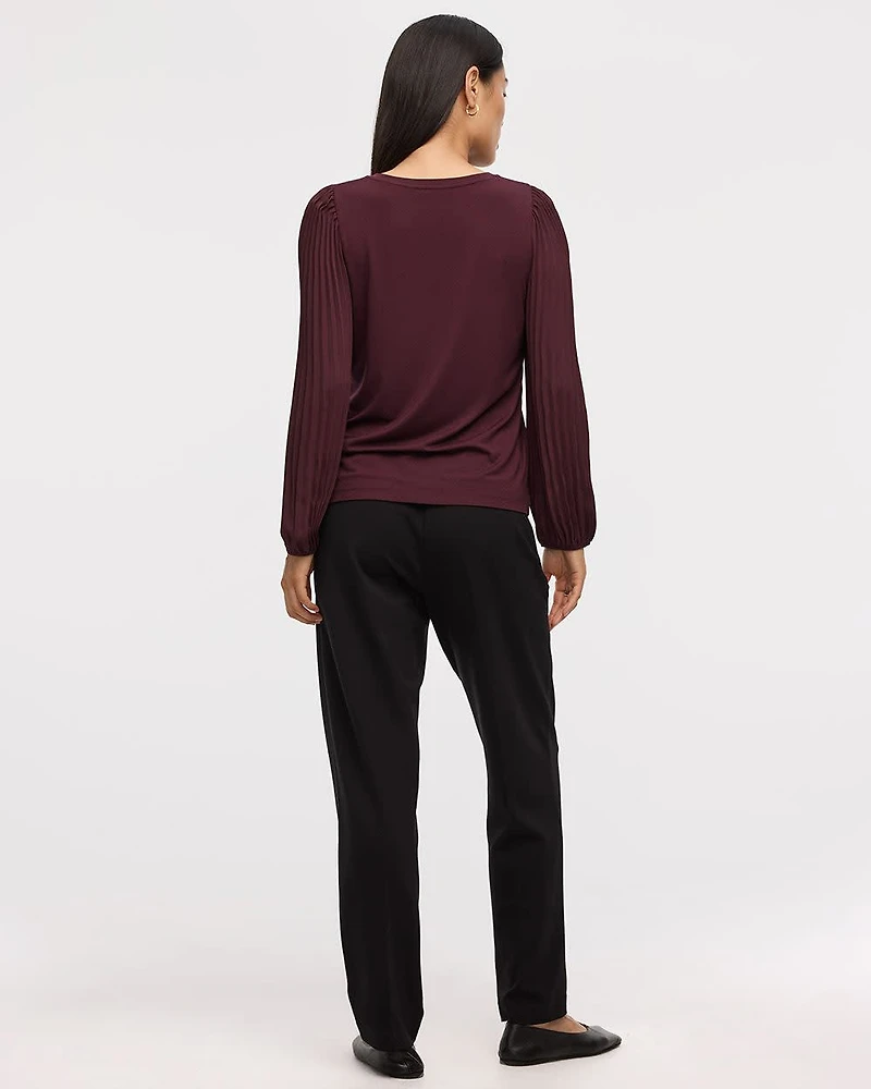 Pleated-Long-Sleeve Boat-Neck Mix-Media Top