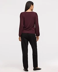 Pleated-Long-Sleeve Boat-Neck Mix-Media Top