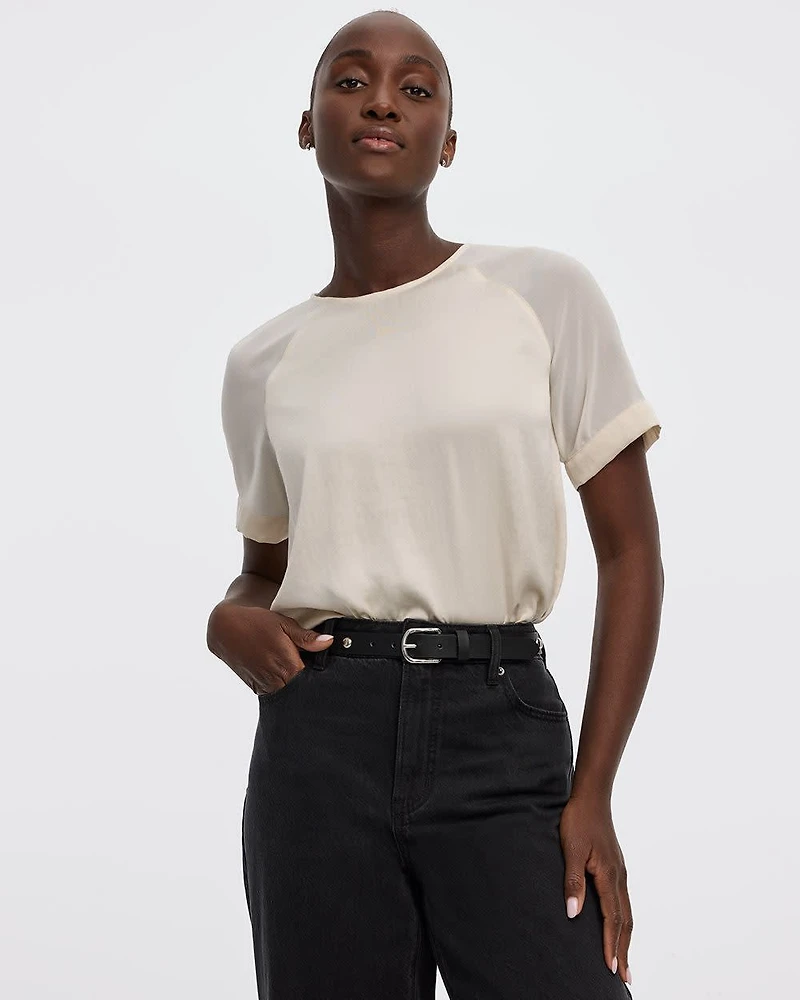 Blouse bimatière à manches courtes et col rond