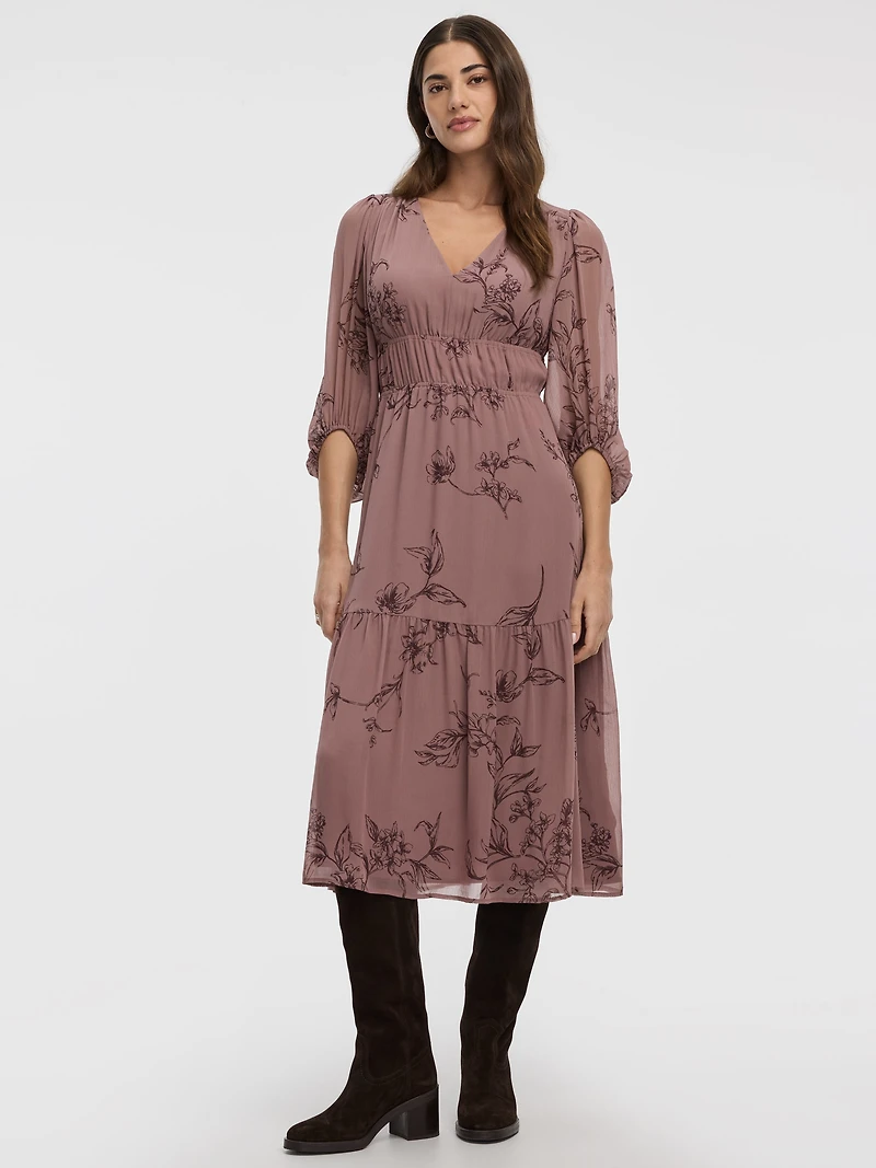 V-Neck Empire Midi Dress with Sheer Sleeves