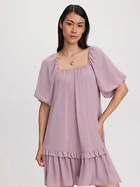 Square-Neck Mini Dress with Bubble Sleeves