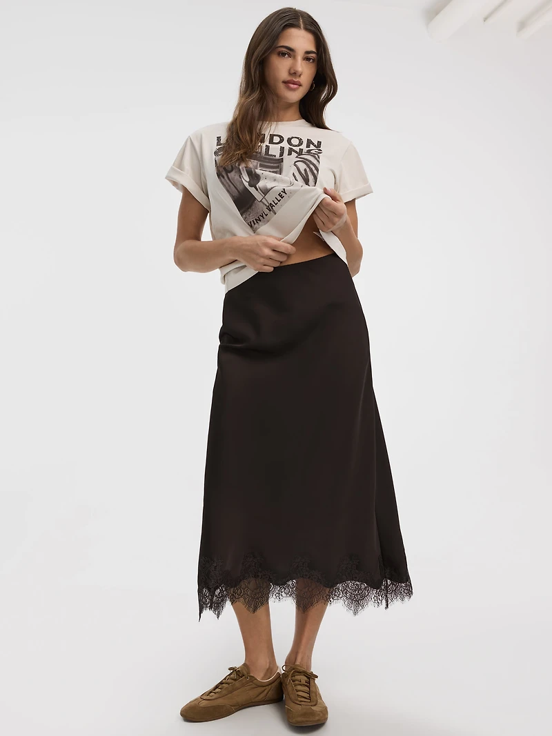 Satin A-Line Midi Skirt with Lace Trim