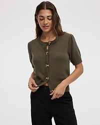 Short-Balloon-Sleeve Crew-Neck Cardigan