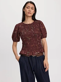 Smocked Blouse with Short Bubble Sleeves