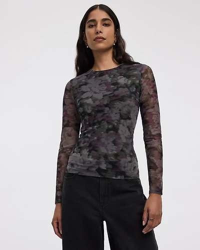 Long-Sleeve Crew-Neck Mesh Top