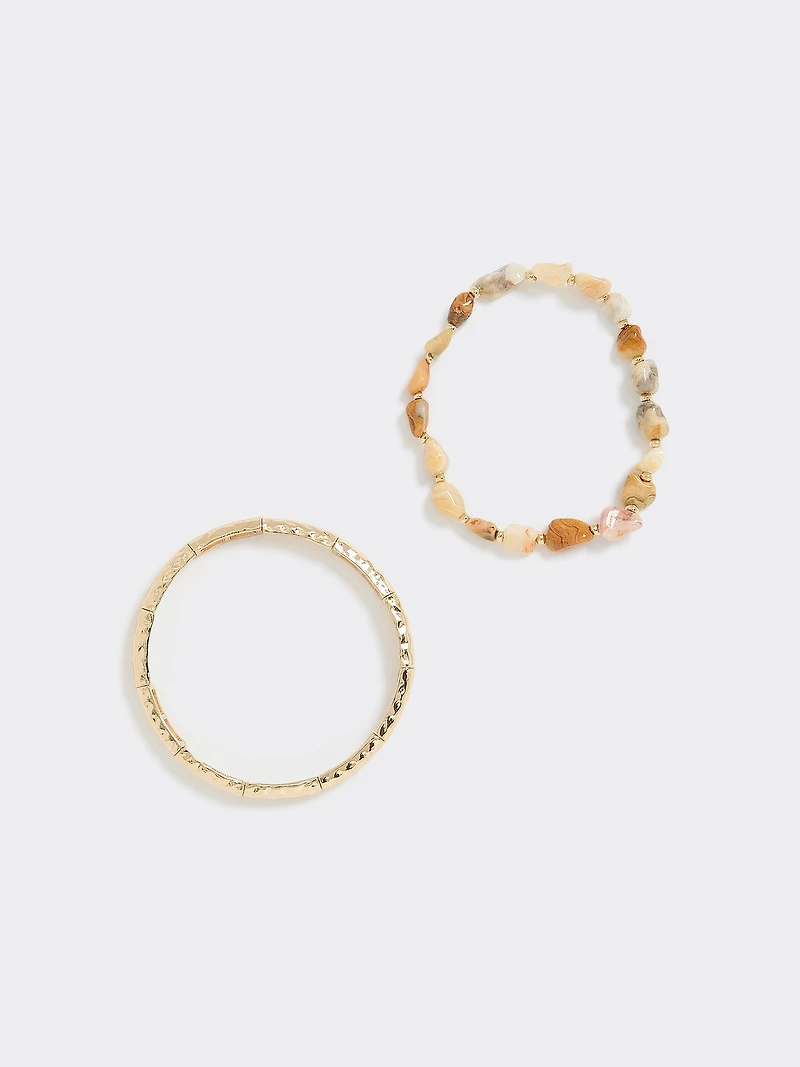 Metallic Bracelets with Semi-Precious Stones - Set of 2
