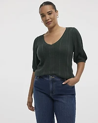 Puffy-Elbow-Sleeve V-Neck Sweater