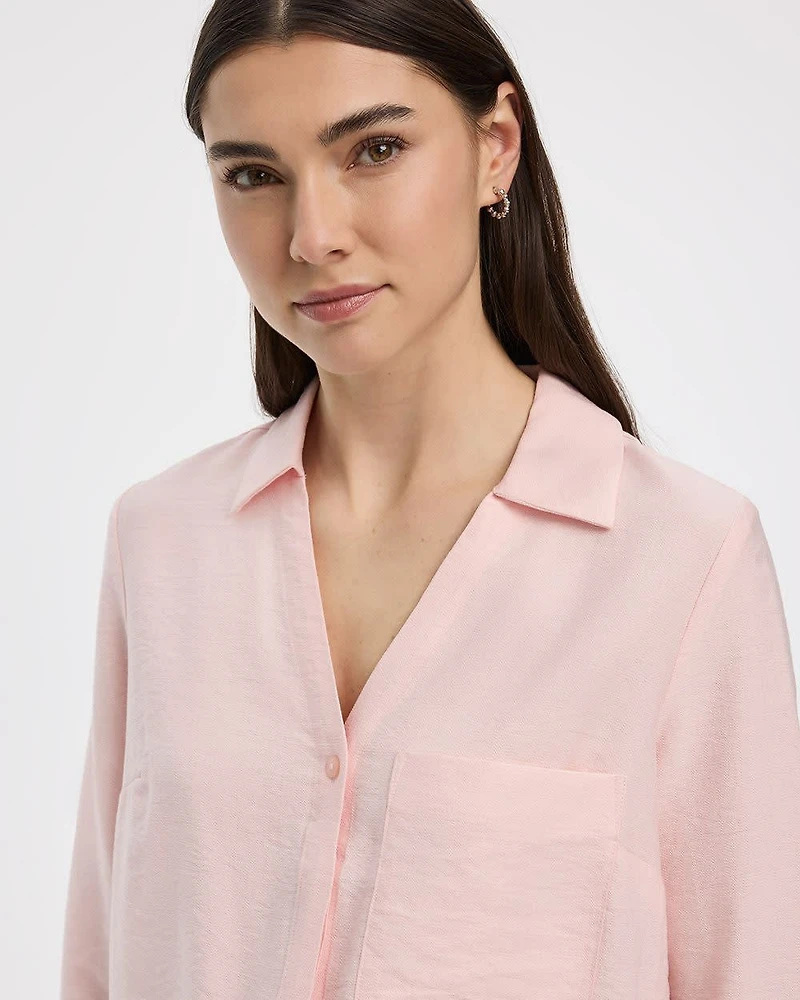 Long-Sleeve Split-Neck Blouse with Chest Pocket
