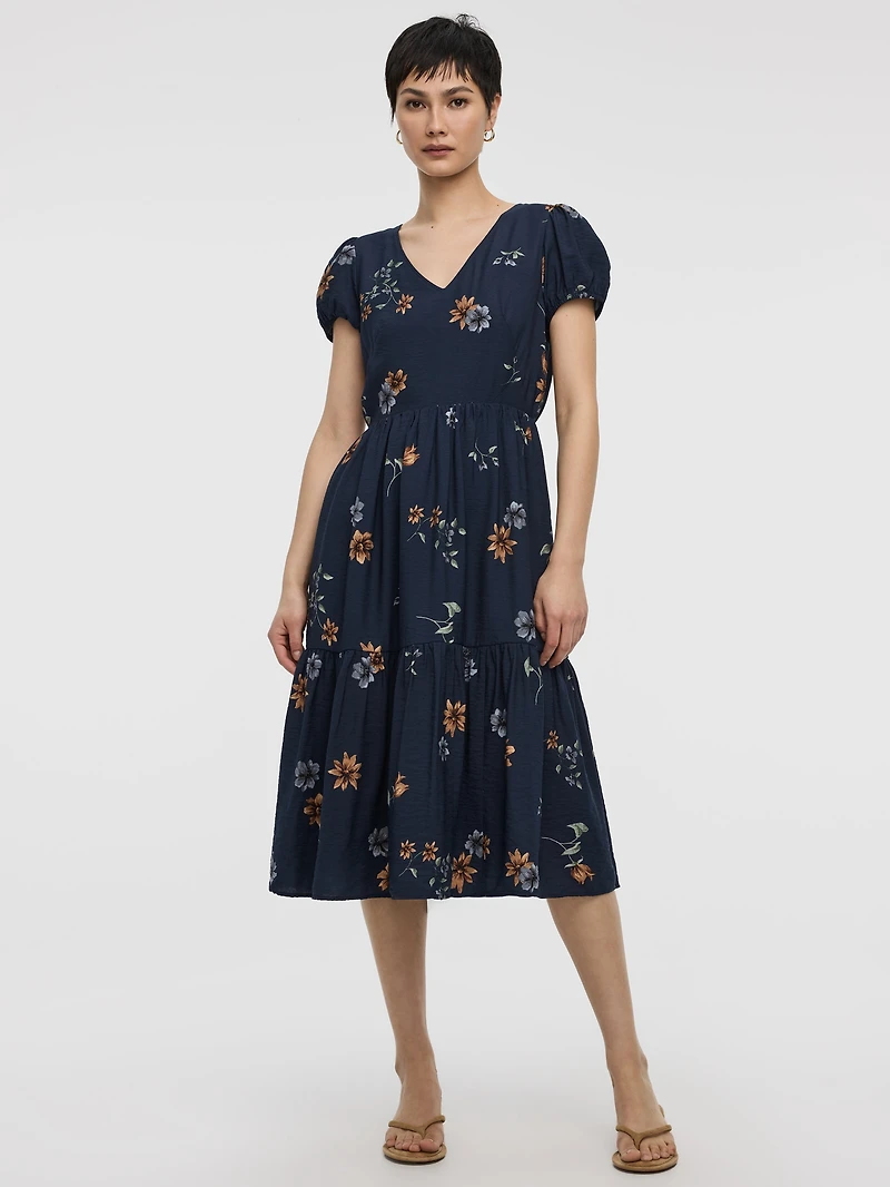Short-Sleeve V-Neck Midi Dress