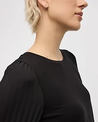 Pleated-Long-Sleeve Boat-Neck Mix-Media Top
