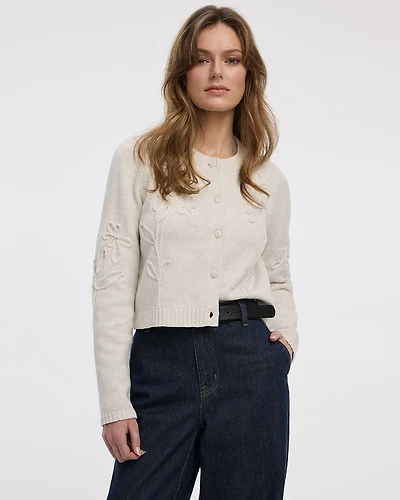 Long-Sleeve Crew-Neck Cardigan with Soutache Flowers