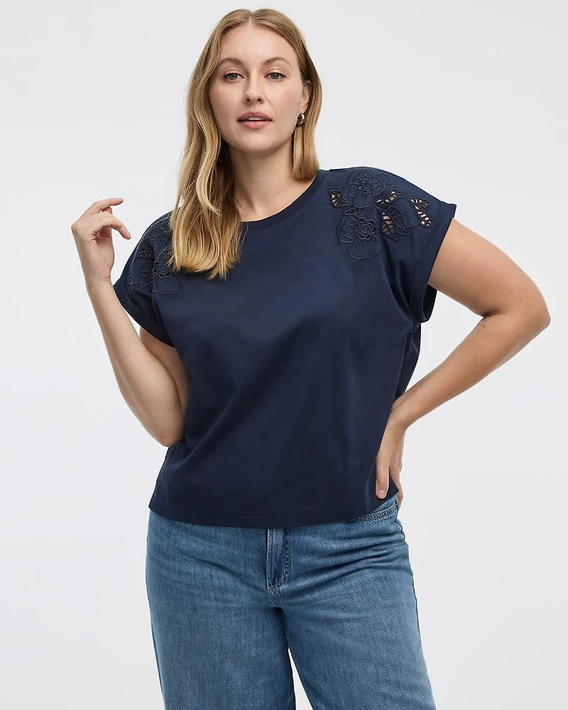 Extended-Sleeve Crew-Neck Tee with Crochet Details