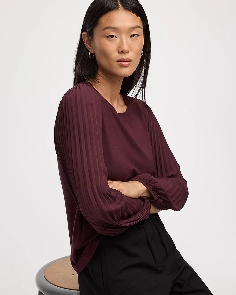 Pleated-Long-Sleeve Boat-Neck Mix-Media Top