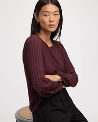 Pleated-Long-Sleeve Boat-Neck Mix-Media Top