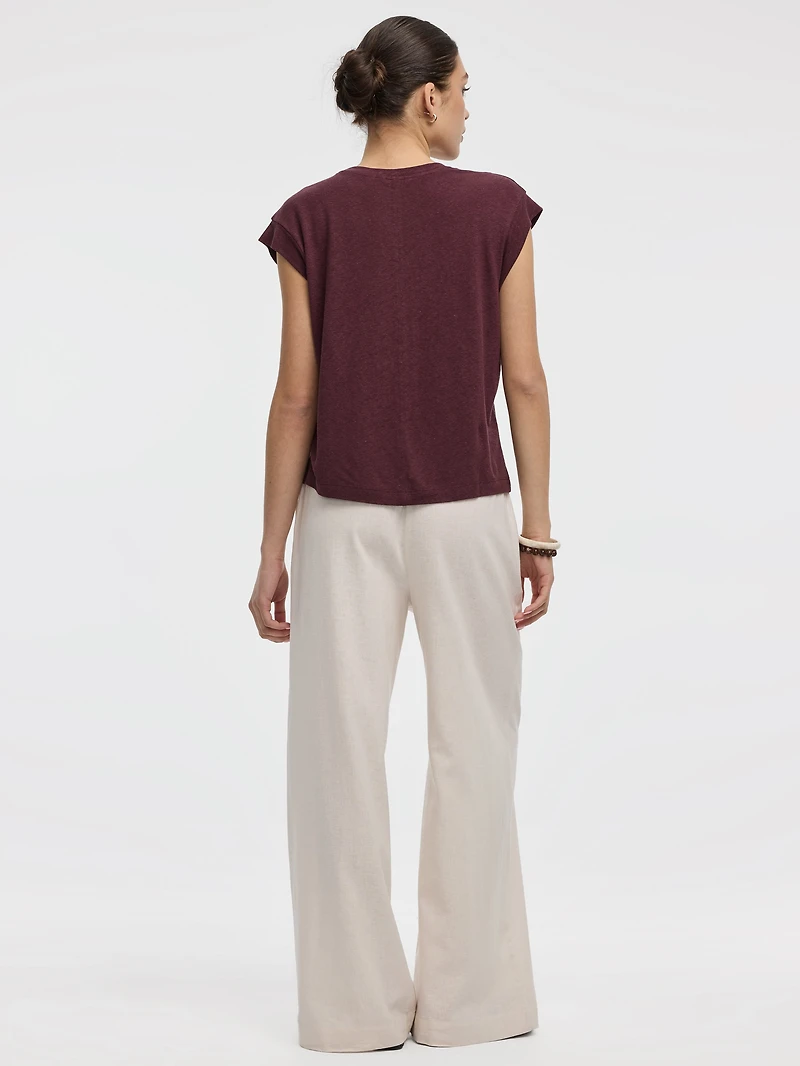 T-shirt en mélange de lin à manches très courtes et col rond