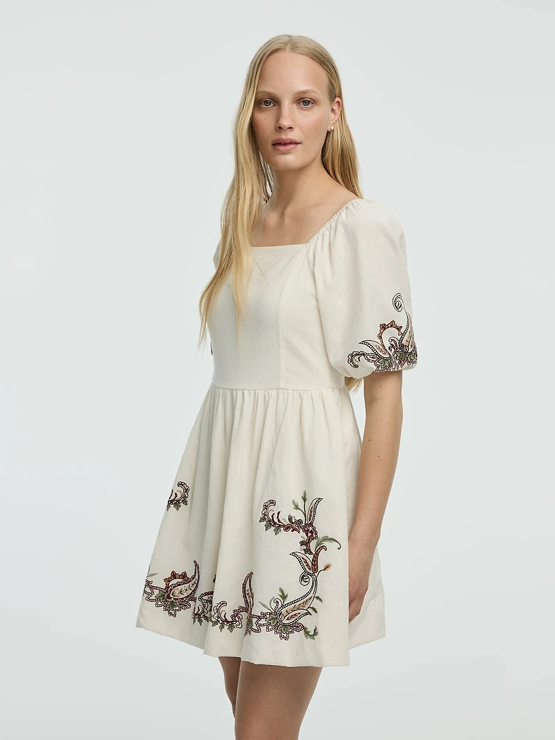 Short-Sleeve Fit-and-Flare Dress with Square Neckline