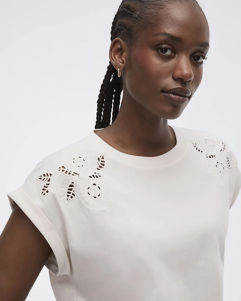 Extended-Sleeve Crew-Neck Tee with Crochet Details