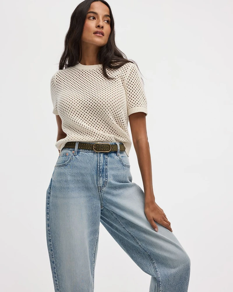 Short-Sleeve Crew-Neck Open-Stitch Pullover